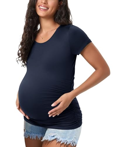 Happy.angel Women's Maternity Shirts Short Sleeve Pregnancy Top Tees - color: Navy Blue, size: Large