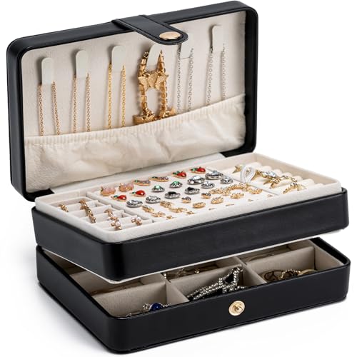 Travel Jewelry Case, 2-Layer Large Jewelry Organizer Box, Black, PU Leather - color: Black-P, size: Large-2 Layer