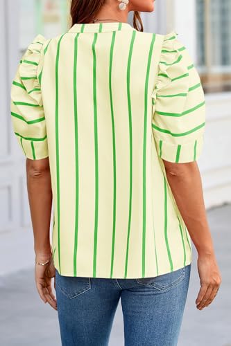 Tankaneo Womens Puff Sleeve Tops Striped Shirts Loose Fit Tunic Blouses - color: Beige, size: Medium