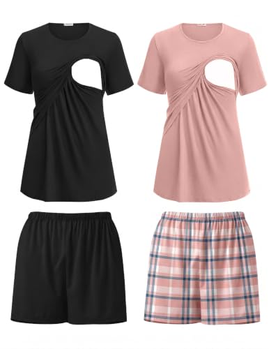 Ekouaer 2 Pack Nursing Pajamas Set Postpartum Outfits for Women - color: Black/Pink Plaid, size: Small