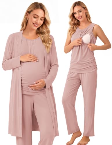 Women 3PCS Maternity Robe Sets Nursing Pajamas Postpartum Breastfeeding Pjs - color: Dirty Pink, size: Medium