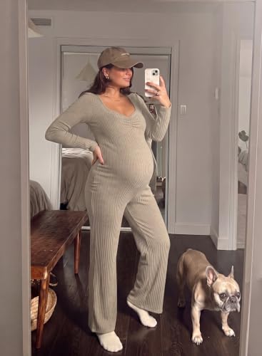 BLENCOT Maternity Ribbed Jumpsuit Long Sleeve Square Neck Stretchy Romper - color: Apricot, size: X-Large