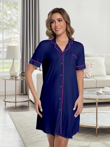 Womens Nightgown Bamboo Viscose Button Down Night Gowns - color: Blue With Magenta Piping, size: Small