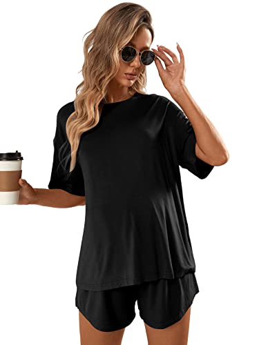 Verdusa Women's Maternity Pajama Set 2 Piece Drop Shoulder Top and Short Lounge Sets - color: Black, size: Small