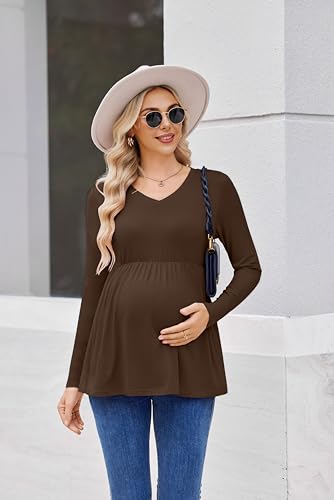 Maternity Shirts for Women Long Sleeve V Neck Fall Tops Clothes 4 Packs - color: Black/Brown/Light Grey/White, size: Small