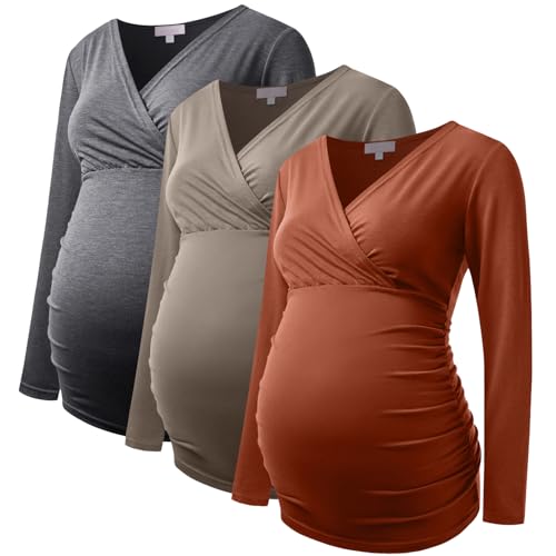 Maternity Shirt Long Sleeve Top Wrap V Neck Blouse Cross Over Nursing Tshirt - color: Dark Grey /Coffee /Caramel, size: Large