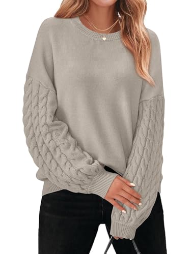 PRETTYGARDEN Womens Fall Sweaters 2025 Cable Knit Long Sleeve Crewneck Casual Chunky Pullover Oversized Sweater Outfits - color: Grey Apricot, size: Medium