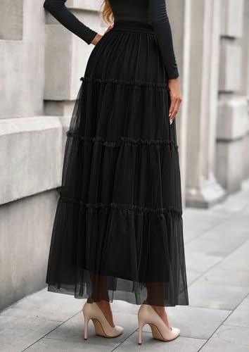 PRETTYGARDEN Women's Fall Soft Tulle Tiered Long Skirt - color: Black, size: Large