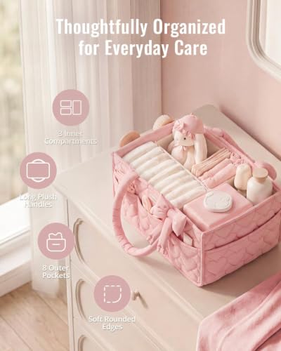 Blissful Diary Baby Diaper Caddy Organizer, Heart-Quilted, Light Pink - color: Heart Light Pink