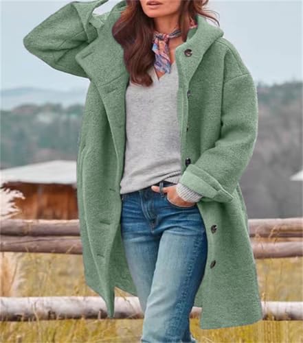 chouyatou Women's Winter Single Breasted Long Wool Coat with Hood Casual Wool Blend Trench Coat Jacket - color: Green, size: Small
