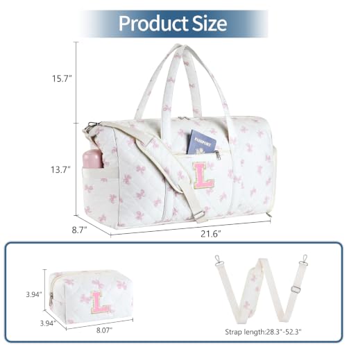 Personalized Quilted Duffle Bag for Travel Gym Weekender Hospital Carry On - color: Pink Bow, size: L