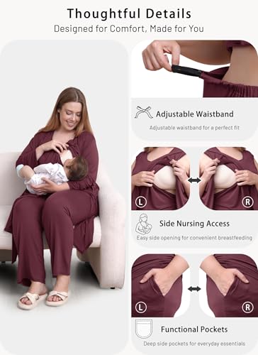 Rnxrbb 4 PCS All-Season Nursing Pajamas Robe Set Maternity Postpartum Pjs - color: Deep Purple, size: X-Large