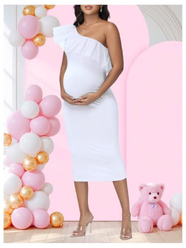 OYOANGLE Women's Maternity Ruffle One Shoulder Dress Bodycon Midi Dresses - color: White, size: Large