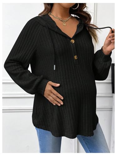 BEAUDRM Women's Maternity Half Button Sweatshirts Long Sleeve Ribbed Knit Pregnancy Shirt Spring Clothes - color: Black, size: Medium
