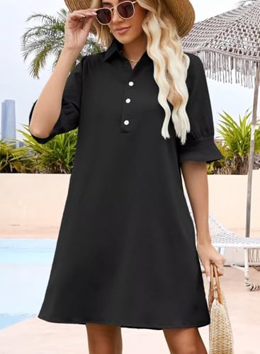 FEKOAFE Womens Casual Dress V Neck Short Sleeve Shift Dresses with Pockets - color: Aa-black, size: Small