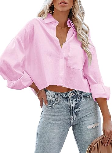 LAYOGAS Womens Crop Button Down Shirts Casual Long Sleeve Lapel Blouse - color: 04-pink, size: Large