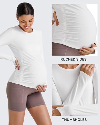 G4Free BareFeel Pregnancy Workout Tops Maternity Long Sleeve Shirts Ruches - color: White, size: Medium