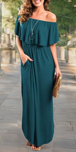 Sarin Mathews Womens Off The Shoulder Ruffle Party Dress Casual Side Split Beach Long Maxi Dresses with Pockets - color: Acie Blue, size: Medium