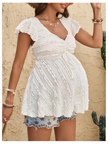 MakeMeChic Women's Maternity Shirts Summer Ruffle Sweetheart Babydoll Tops - size: Large