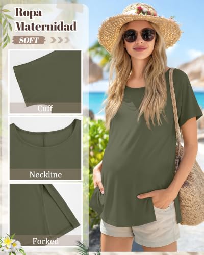 4 Pack Women Maternity T-Shirts Pregnancy Tops - color: Army Green, Brown, White, Black, size: Large