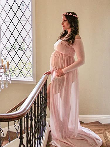 YnimioAOX Maternity Photoshoot Dress Off Shoulder Long Sleeve - color: Light Pink