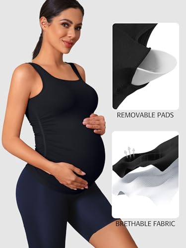 ATTRACO Maternity Tank Tops Seamless Side Ruche Sleeveless Pregnancy Basic Shirt with Built in Bra - color: Black, size: X-Large