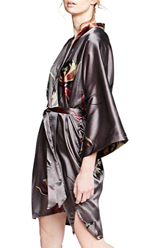 OLDSHANGHAI Satin Short Kimono Robe for Women - color: Hana - Gunmetal