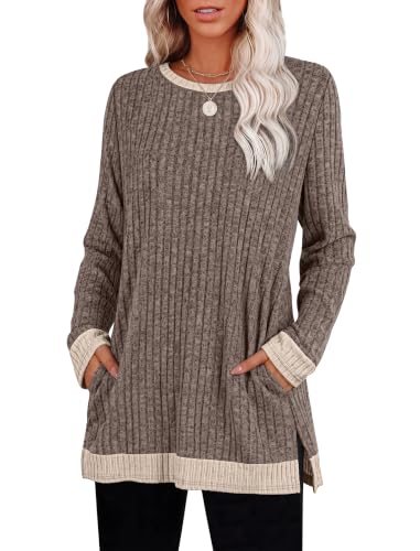Sampeel Long Sleeve Shirts for Women Tunic Sweaters Fall Fashion Outfits - color: Brown, size: Medium