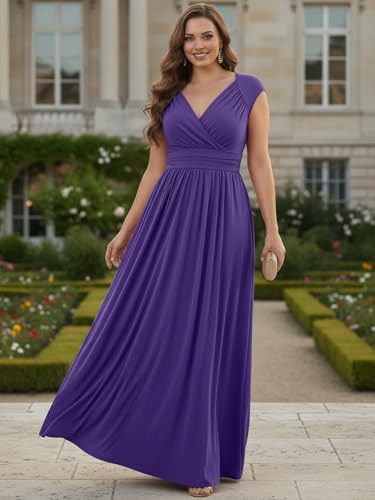 KOH KOH Womens Long Elegant Evening Bridesmaid Flowy Cap Sleeve Maxi Dress - color: Indigo Blue Purple, size: 3X-Large