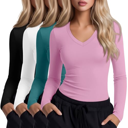 Xaatren 4 Pack Women's Under Scrubs Long Sleeve Shirts - color: Black, White, Lake Green, Pink, size: Large
