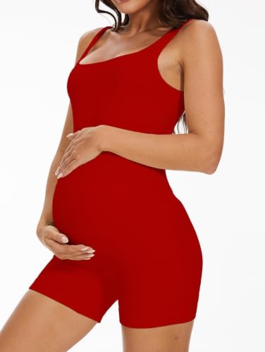 BDITANLE Maternity Workout Romper Pregnancy Yoga Ribbed One Piece Seamless Tank Top Jumpsuit - color: 07red, size: Small