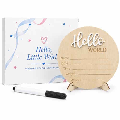 Hello World Baby Announcement Sign Newborn Welcome Plaque Box Set - color: White,Box