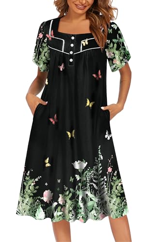 Ekouaer Women's House Dress with Pocket Button Mumus - color: Floral Butterfly, size: Medium
