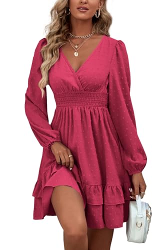 Rooscier Women's Wrap V Neck Swing Ruffle Swiss Dots Long Sleeve Mini Dress - color: Rose, size: X-Small