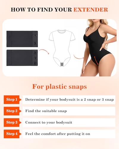 Women Bodysuit Extender Adjustable Snap Crotch Add Length To Crotch Extender(Not suitable for metal clasp) - color: Black-(2pc,3 Plastic,4" Length)