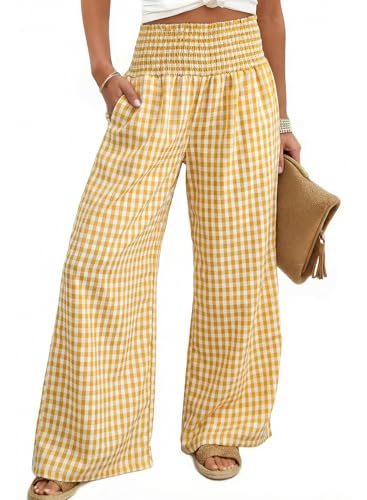 Dokotoo Women's Fall Gingham Wide Leg Casual Pants 2026 - color: Yellow, size: XX-Large