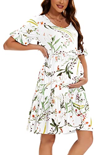 Smallshow Women's Maternity Dress Ruffle Short Sleeve Pregnancy Clothes - color: Leaf White, size: Small