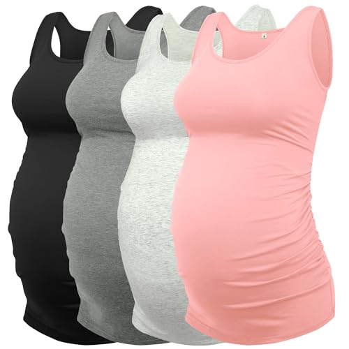 AMPOSH Womens Maternity Tank Tops 3 Pack Cotton Sleeveless Ruched Side Pregnancy Postpartum Shirts Soft Stretch Basic Top - color: Black/Dark Gray/Gray/Pale Pink, size: Small