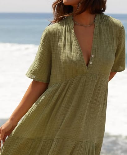 R.Vivimos Womens Summer Cotton Casual Flowy Maxi Dress - color: Army Green, size: Medium