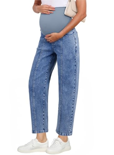 BLENCOT Maternity Jeans Over Belly Baggy Leg Ankle Stretchy Pregnancy Pants - color: Dusk Blue, size: Small