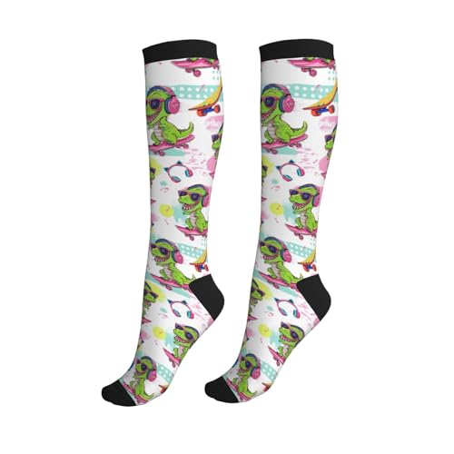 bassyil Compression Socks for Women & Men Circulation 15-20 mmHg Knee High Best Support for Nurses Travel Running Athletic - color: Dinosaur Skateboard