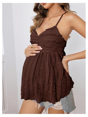 MakeMeChic Women's Maternity Babydoll Tank Tops Peplum Ruffle Cami Top - color: Coffee Brown, size: Medium