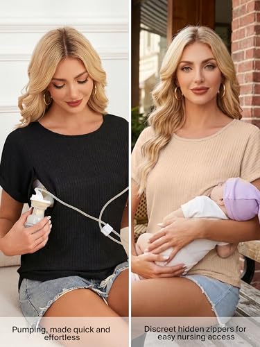 Ecavus 3 Pack Women's Nursing Shirts for Breastfeeding with Hidden Zipper - color: Black+navy+apricot, size: Medium