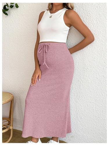 MakeMeChic Women's Maternity 2Pc Sets Crew Neck Crop Tank Tops Mid Skirt - color: Pink, size: Small
