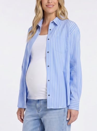 Motherhood Maternity Women's Button Down Poplin Long Sleeve Pregnancy Shirt - color: Provence Stripe, size: Large