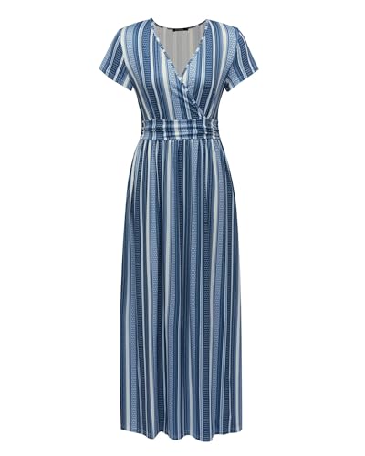 OUGES Women's Floral Maxi V-Neck Pockets Summer Casual Dress 2026 Daily - color: Blue Strips, size: Large