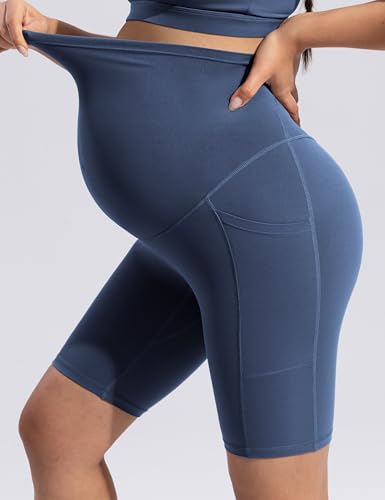 POSHDIVAH Creamluxe Maternity Biker Shorts with Pockets 6"/8" - color: Aegean Blue, size: Medium