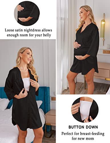 Ekouaer Satin Nightgowns for Women 3/4 Sleeve V-Neck Button Down Sleepwear - color: 01 Black, size: Medium
