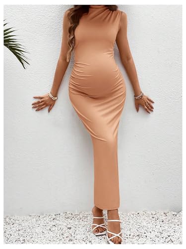 OYOANGLE Women's Maternity Mock Neck Sleeveless Ruched Bodycon Maxi Dress - color: Light Khaki, size: Small
