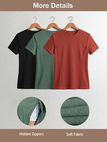 Ecavus 3 Pack Nursing Shirts for Breastfeeding, Hidden Zippers Nursing Tops - color: Black/Heather Green/Red Wood, size: Medium